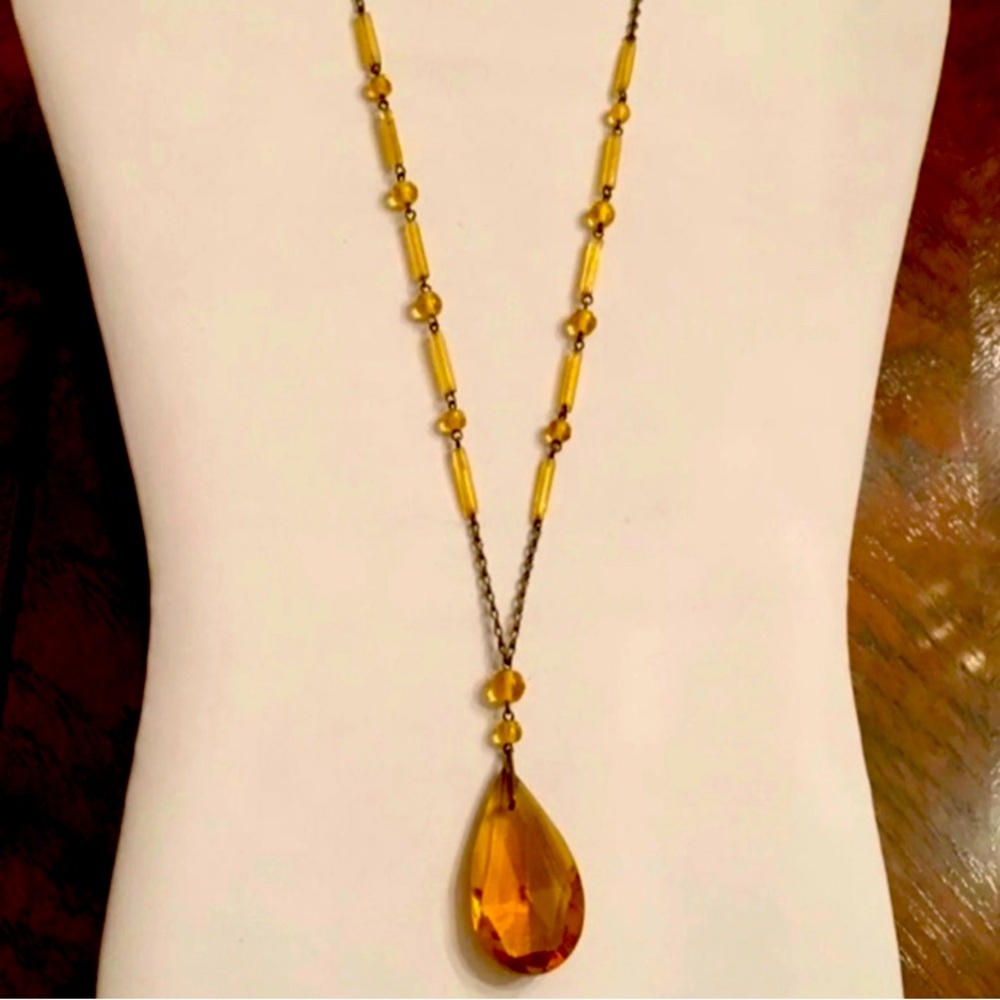 Vintage Amber Czech Glass Lavaliere Necklace.  Clasp is marked Czechoslovakia.